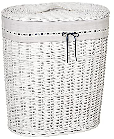 HOMCOM Cesto de mimbre para la ropa sucia con tapa, bolsa interior de tela lavable, capacidad para 15 kg de ropa sucia, blanco