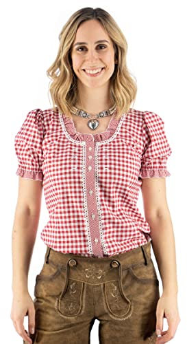 OS Trachten Damen Bluse Kurzarm Trachtenbluse mit Rundhalsausschnitt Poror, Größe:42, Farbe:mittelrot