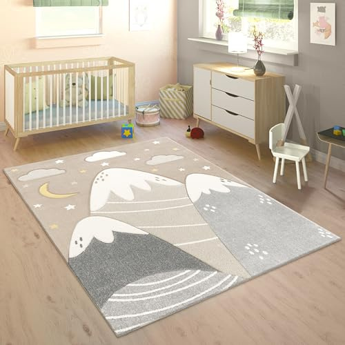 Paco Home Alfombra Infantil Alfombra Habitacion Niño Color Pastel 3D Motivo Montañas Moderna, tamaño:80x150 cm