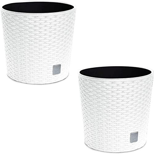 astor24 - 2X Blumentopf Anthrazit in Rattan-Optik - Pflanzkübel mit Einsatz - Rattan-Blumentopf für Garten - In/Outdoor - Höhe 27.5 cm - Ø 30 cm (2er Set 30cm Ø, Weiß)