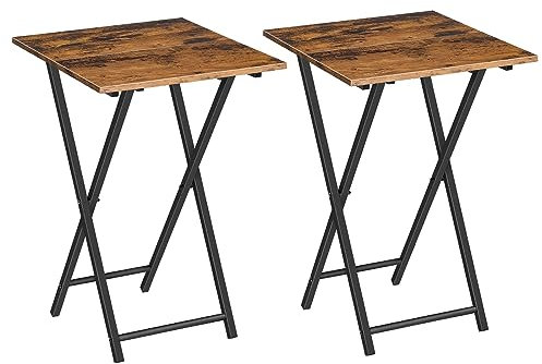 HOOBRO Folding TV Tray Tables, Set of 2 Wooden TV Trays Side Tables, Portable Sofa Snack Table, Industrial End Table for Small Spaces, Easy to Install and Fold, Rustic Brown and Black BF27BZP201