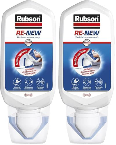 Rubson RE-NEW Blanc (1 x 80ml), mastic sanitaire blanc à base de silicone, s'applique sur le joint déjà existant, mastic étanche & anti-moisissures (Lot de 2)
