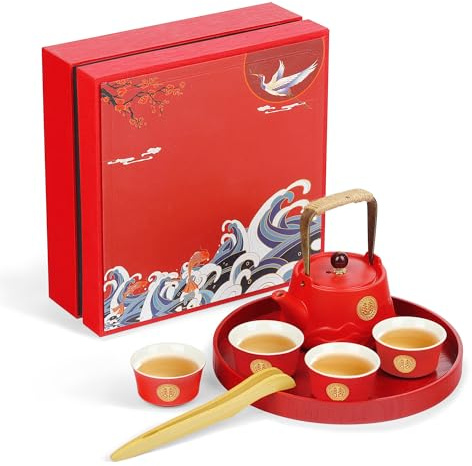 fanquare Juego de Té Chino Kung Fu Juego de Tetera de Viaje Japonesa de Porcelana Roja Servicio de Té Chino para Hombres Mujeres Regalos