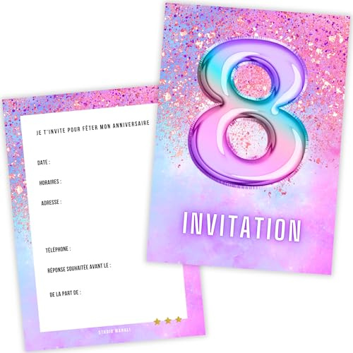 Carte Invitation Anniversaire Fille 8 Ans – Lot de 12 Cartes premium – Thème ballon helium boum Arc en Ciel Pastel Rose Violet Licorne – Papier Épais 400g – Format A6 – Fabriqué en France