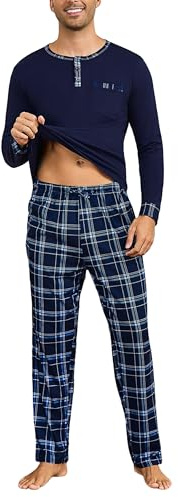 Litherday Pyjama Homme Hiver Coton à Manches Longues Vêtements De Nuit pour Hommes Deux Pièces Pantalon et Haut à Carreaux Bleu Marine 2 XL