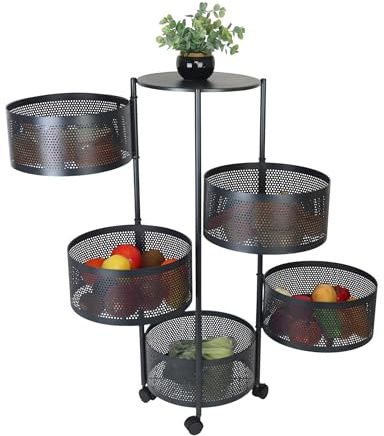 Relaxdays Köksvagn, 5 roterande fack, H x D: 90 x 34 cm, metall, 2 bromsar, rullvagn kök & badrum, rullhylla, svart