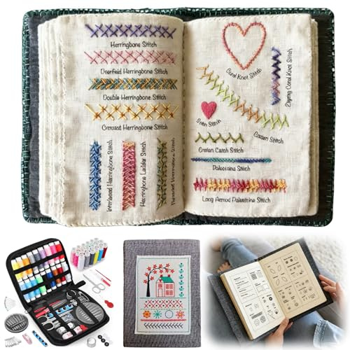 FILOEEX Libro de punto bordado con dedales, kit de costura de lino de alta densidad, juego completo de iniciación para principiantes y amantes de las manualidades, regalos de Navidad, Año Nuevo y
