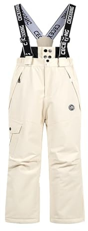 Pantalon imperméable pour enfants - Isolation thermique réglable - Avec genouillères - Pantalon de neige imperméable - Pantalon de ski - Pantalon d'hiver renforcé - Durable - 5 à 14 ans, 01#_beige, 14