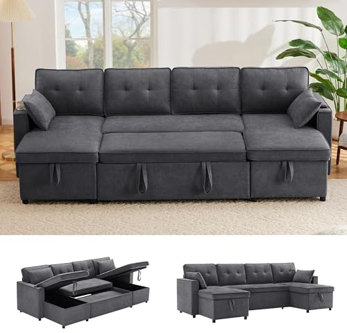 Yihomfy Canapé-Lit Convertible, Canapé d'angle Forme de U avec Fonction Couchage, Canapé Lit 4 Places avec Chaise Réversible, Espace de Rangement, Porte-gobelet, Canape-Lin de Coton pour Salon
