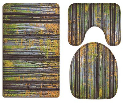 A.Monamour Badezimmer Badematte 3 Teilig Set Herbst Wald Buche Bäume Orange Gelb Blätter Natur Landschaft Toilettenkappen Bezüge Flanell Saugfähig Badteppiche Badvorleger Badgarnitur WC Vorleger