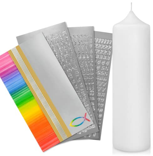 WIKAKERZEN Taufkerze selber Machen Set mit Kerzen-Rohling Buchstaben und Wachsplatten mit Wachsmotiven | Jetzt Größe und Farben Wählen(Kerze 25x7 cm | Weiß, Regenbogen Gold | Silber mit Fisch)