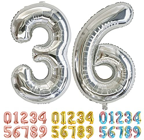 Ponmoo Foil Balloon Number 36/63 Silver, Giant Numbers 0 1 2 3 4 5 6 7 8 9 10-19 20-29 30-39 40-49 50-60-70-80-90-100, Large Balloons for Wedding Anniversary Birthday Party Decoration