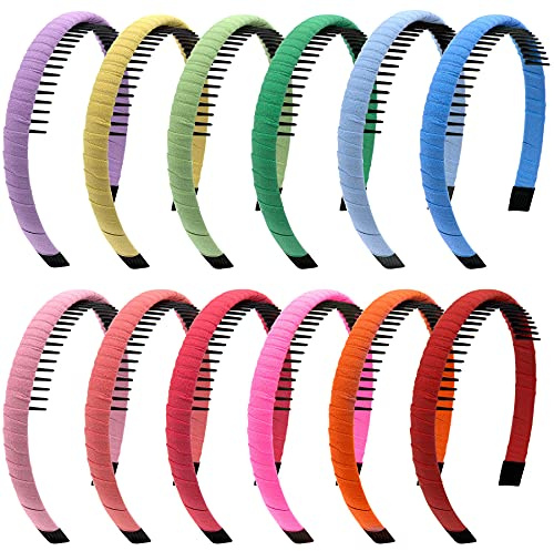 Duufin 12 Pieces Girls Headbands with Teeth Comb Headband Non-slip Colorful Hair Teeth Headbands for Girls, Candy Color