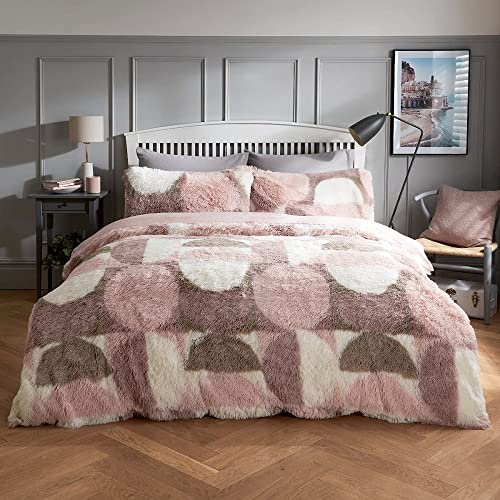 Sleepdown Curved Geo Shaggy Faux Fur Fleece Thermal Warm Cosy Super Soft Duvet Cover Quilt Bedding Set with Pillow Cases - Double (200cm x 200cm) - Blush Pink
