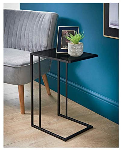 spot on dealz® C shaped side sofa table Black metal frame with Black Tempered Glass Top Coffee, Office table Laptop Desk living room bedside end tables