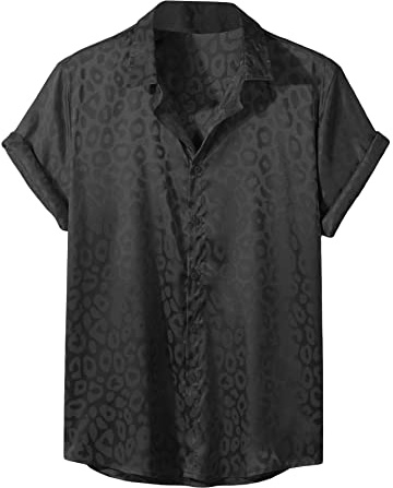 Verdusa Men's Satin Button Down Lapel Collar Leopard Print Short Sleeve Shirt Black L