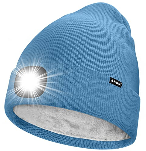 ATNKE LED-mössa med ljus, uppladdningsbar USB 4 LED-upplyst löpmössa, extremt ljus lampa, vinter, varm, fodrad fleece, stickad mössa för män och kvinnor, presenter, Magnolien Blau, En Storlek