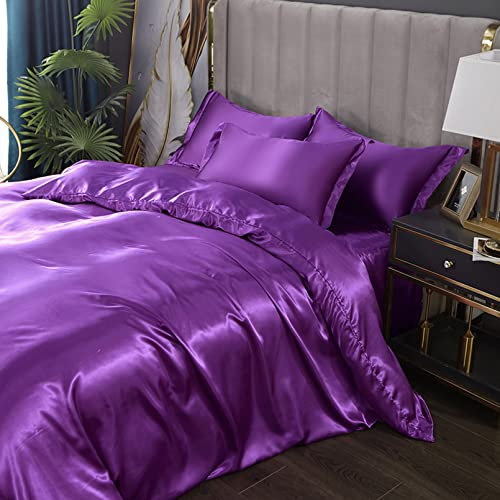 Cutfouwe Luxury Mulberry Silk Sheets 4 Piece, Silk Bed Sheets, 1 Silk Duvet Cover, 1 Flat Bed Sheet And 2 Pillowcases, Silk Bedding Set Soft All Season Duvet Set,Violets,Queen Size 3pcs