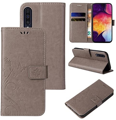 LBH Handy Hülle für Samsung Galaxy A50 Case Handytasche Schmetterling Blumen Flower Standfunktion Schutzhülle Magnet Rundum Schutz 360 Grad Flipcase Cover Grau