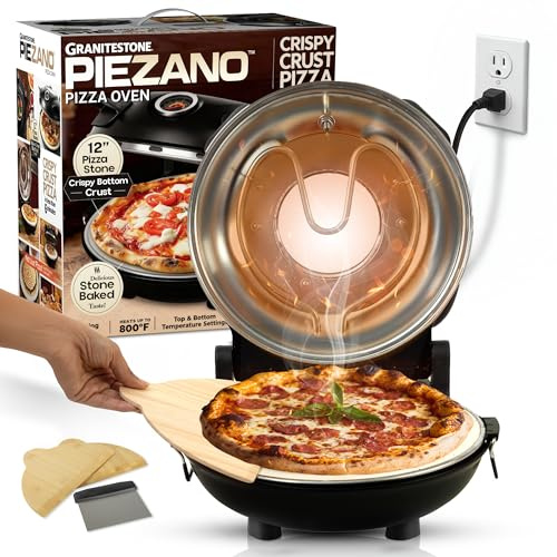PIEZANO 12 Inch Electric Indoor Pizza Oven Heats up to 800˚F - Pizza Maker with Ceramic Stone for Crispy Crust Pizza, Cooks in Under 6 Minutes, Countertop, Dual Heat Control, Peels & Scraper Included
