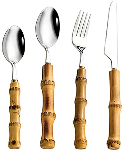 WyldSenc Set di posate in acciaio inossidabile da 4 pezzi di alta qualità con manico in bambù - 1 forchetta, 1 coltello da tavola, 1 cucchiaio da tavola, 1 cucchiaino - Perfetto per l'uso quotidiano
