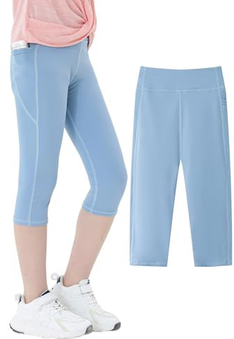SEAUR Mädchen Sport Leggings 3/4 Yogahose mit Tasche Einfarbig Eng Jogginghose Laufhose Sporthose Trainninghose - 140 (134-140)