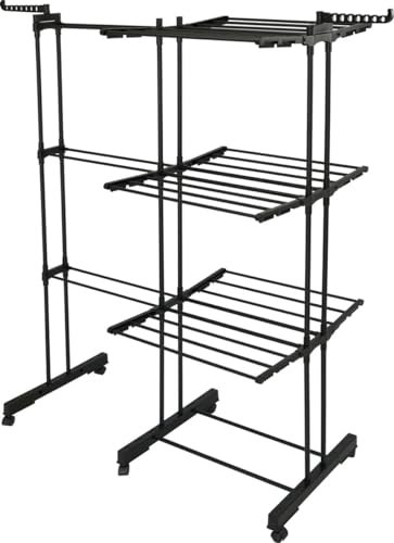 Meisterhome® Klappbarer Wäscheständer Wäscheturm Effizientes Trocknen mit 3 Ebenen, 2 Seitenflügeln - 25m Trockenleinenlänge - Platzsparend, vielseitig und mobil für drinnen und draußen – Schwarz