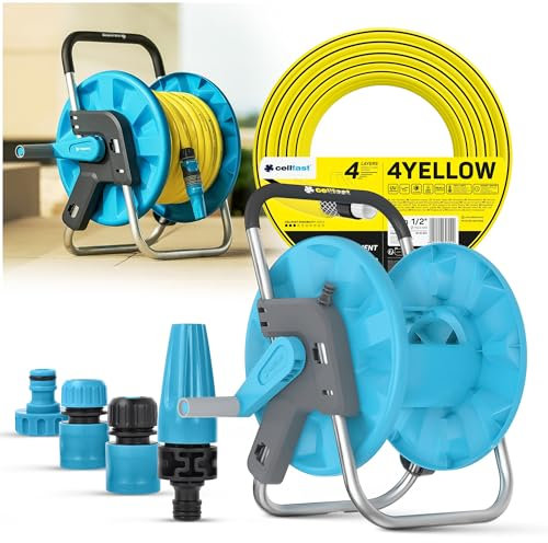 GARTENSCHLAUCH SCHLAUCHTROMMEL 1/2 30M MIT GARTENBRAUSE & KUPPLUNG ANSCHLUSS SET CELLFAST 4YELLOW Trommel Schlauchaufroller 1/2 Zoll Schlauchwagen mit Schlauch Flexible Anti-Verdrehung