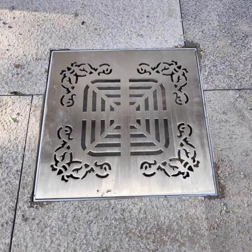 Canaletta Scolo Acqua Piovana Griglia di Scarico Quadrata da 10x10cm, 15x15cm, 20x20cm, 25x25cm, 30x30cm con Base, Coperchio di Scarico Esterno in Acciaio Inossidabile 304 Resistente per Giardino e Co