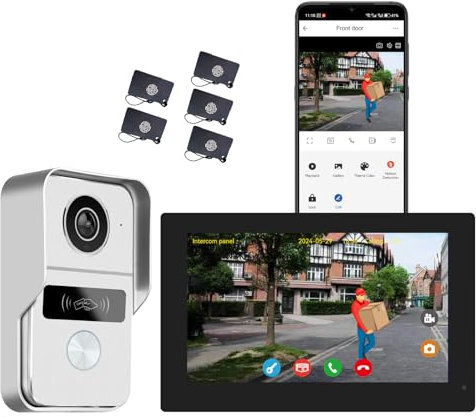 Honmidatek 2 Wire-Video Intercom System, Video Doorphone, Video Door Phone, Remote Door/Gate Unlock,RFID Access Control, 7 inch Touch Screen, Human Detection, Door exit