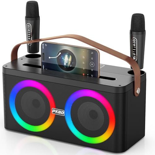 PKBD Máquina de Karaoke con Soporte para Teléfono/Pad, Altavoz Bluetooth Portátil con 2 Micrófonos Inalámbricos/Luces LED/Sistema PA para Fiestas en Casa, Regalos de Cumpleaños