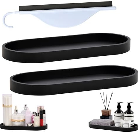 2 Stück Badezimmer Ablageplatte mit Schaber für Tisch, elegante Ablageplatte, wasserdicht, für Wohnzimmer, Schlafzimmer, Badezimmer, Küche (schwarz, oval)