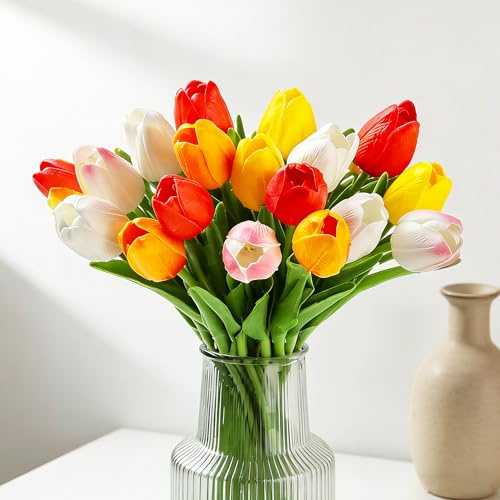 XIANNVXI 20 tulipani artificiali in 5 colori assortiti, tulipani finti decorativi in seta per interni, primavera, cucina, bouquet di nozze, decorazione Roma, 35,5 cm