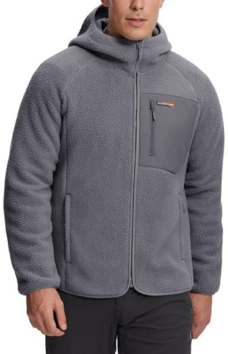 Pioneer Camp Giacca in pile da uomo con cappuccio, calda, traspirante, con chiusura lampo, per attività all'aria aperta, con 5 tasche, per escursioni, trekking, grigio, XL