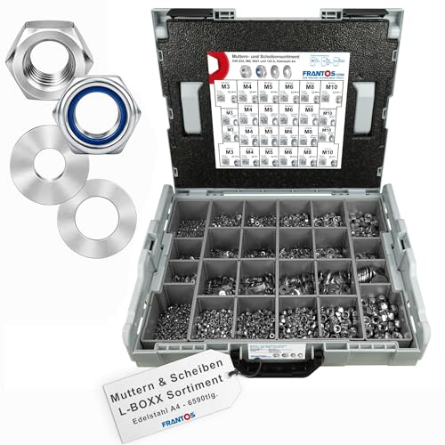 FRANTOS L-BOXX Muttern und Scheiben Set in Edelstahl A4-6.590 tlg., Sechskantmuttern Schraubenmuttern Unterlegscheiben Sortiment Schraubensortiment