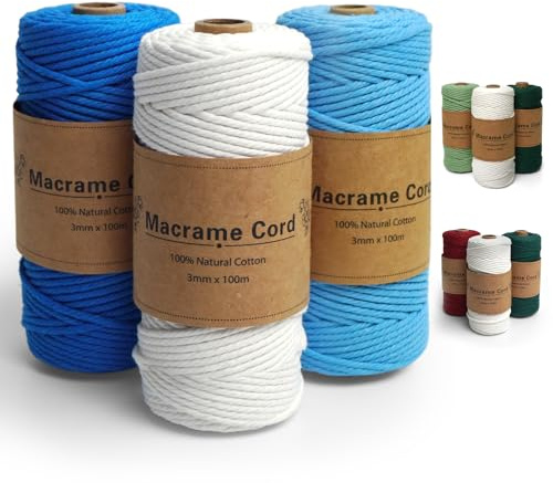 Macrame Corda 3 mm x 100 m, Filo Macrame Cotone, macrame filo per Fai da Te, Arazzo da Parete, Piante Sospese, Decorazione Boho(Naturale, Blu scuro, Azzurro)