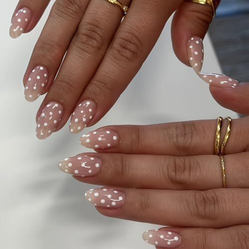 BelleFlair 24Pcs Press on Nails Almond Medium, Cute Fake Nails with White Polka Dot Design, Glossy Sheer Nude False Nails, Full Cover Stick on Nail Kit for Women