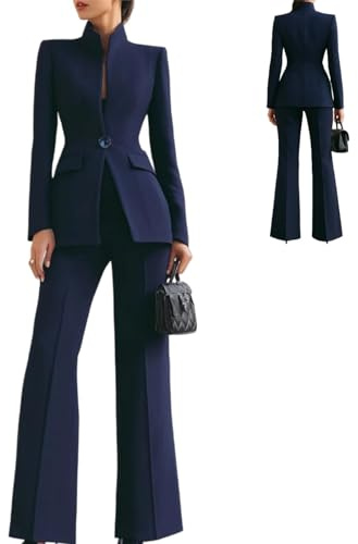 Trajes de negocios para mujer, elegante, cuello alto, blazer de pierna ancha, conjunto de pantalones casuales de negocios, conjuntos de trabajo profesional, conjunto de ropa para mujer, azul, L