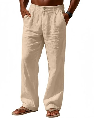 Casuayaloo Men's Linen Trousers Lightweight Summer Beach Pants Loose Fit Elastic Waist Zipper Trouser Khaki M