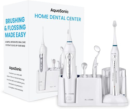 AquaSonic Home Dental Center Rechargeable Power Toothbrush & Smart Water Flosser - Complete Family Oral Care System - 10 Attachments and Tips Included - Various Modes & Timers (White)