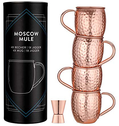 Navaris Moscow Mule Set 5 teilig - 4x Kupferbecher und 1x Jigger für Moskau Mule Gin Bier - Becher Cocktail Mug Barmaß - Tasse gehämmert