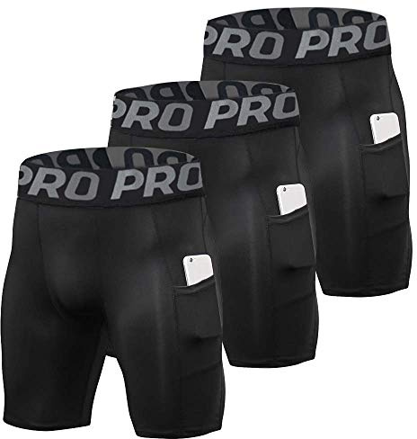 YUSHOW Compression Shorts Mens 3 Pack Sports Anti-Chafing Underwear Base Layer Shorts Quick Dry Running Shorts with Phone Pockets Cycling Tights for Workout Athletic Rugby Short Protect Leg Skin