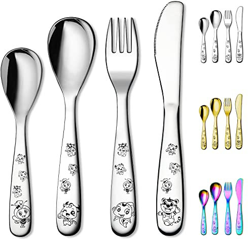 Berglander Posate Mangiatrici giovani 4 pezzi in acciaio inox, forchetta e cucchiaio di sicurezza per Mangiatrici giovani, specchio Lucidato con bordo liscio, lavabile in lavastoviglie