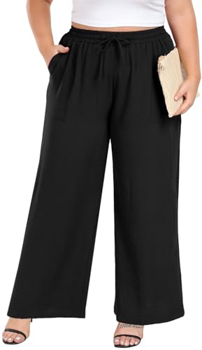 Lastshe Women's Plus Size Pants High Waist Wide Leg Daily Work Casual Palazzo Long Trousers with Pockets Summer Clothes Fashion Commute Slacks for Curvy Outfits,Black,3X