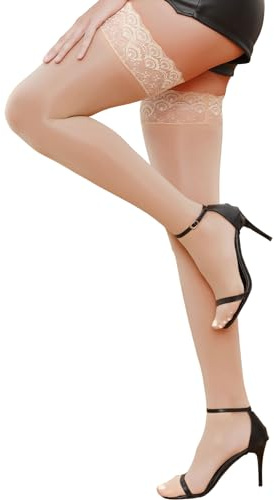 himifuns Thigh High Stockings for Women Sheer Lace Top Stocking Sexy Anti-Slip Silicone Pantyhose Hold Up Stockings for Women Beige One Size