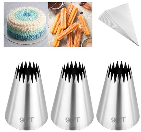 Kasmoire 3Pcs Churro Piping Bags and Tips Set,Stainless Steel 9FT Icing Tips Set with 10Pcs Disposable Piping Bags,Open Star Pastry Tips for Cake Decorating