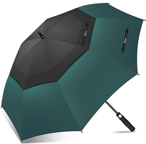 NINEMAX Paraguas Grande Antiviento, Paraguas Golf Grandes XXL, Umbrella Extra Grande Resistente Al Viento Fuerte para Hombre Mujer(Negro/Verde Oscuro)