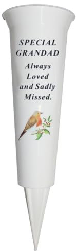 Maceta conmemorativa para tumba, 33 cm de alto, resistente jarrón conmemorativo blanco con imagen de espiga y petirrojo (abuelo 8682)