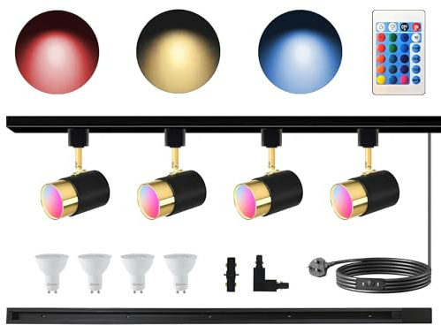 Bravsekai GU10 16-Colour RGB Track Lighting Kit, 4-Pack Color-Changing Spotlights and 1M H Track Rail, IR Remote Controlled Ceiling Spotlight Fixture for Living Room, Home Parties, Nightclubs, Bars