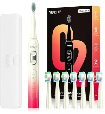 YUNCHI C2 Electric Toothbrush for Adults and Kids, USB-C Rechargeable Sonic Toothbrush with 5 Modes and 2 Minutes Timer, Soft Bristles 8 Brush Heads and Travel Case, Red and Yellow Gradient